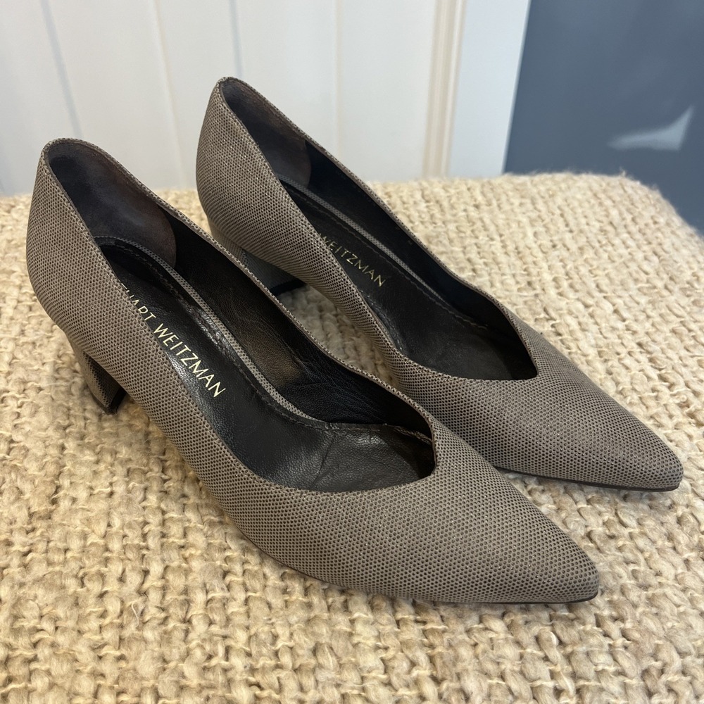 Stuart Weitzman Women's Pumps Taupe Gray Shimmer 2.5" Block Heels Size 7 M